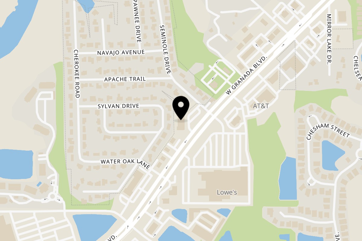 Map showing the location of Mama Mia's Pizzeria on 1345 W Granada Blvd #1 in Ormond Beach